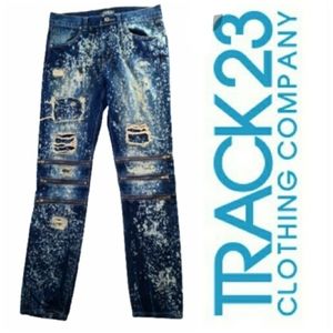 Track 23 Mens Moto Jeans Bleach Dyed W 